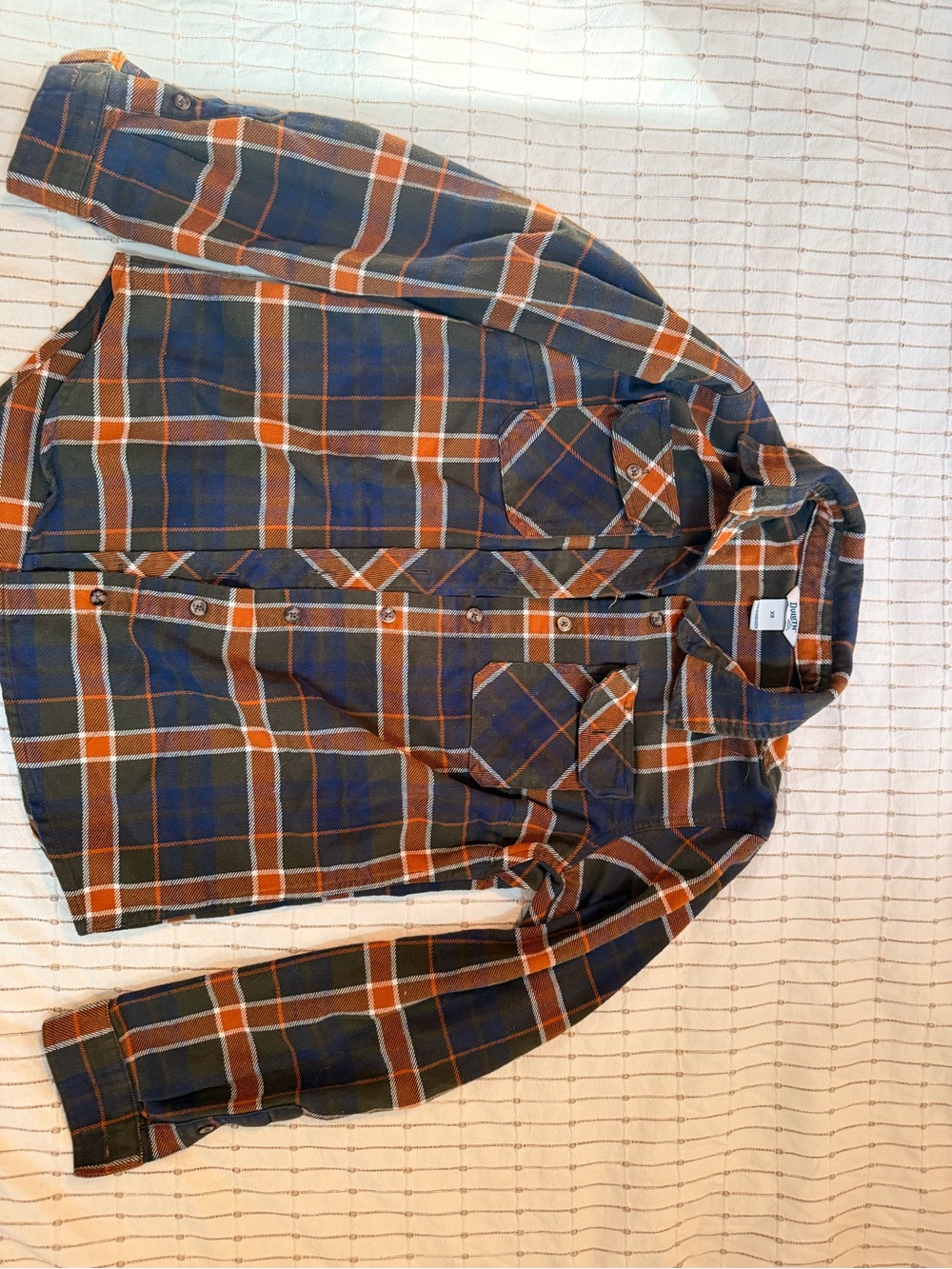 Duluth Trading Co Plaid Button-Down Shirt in Navy, Orange, White